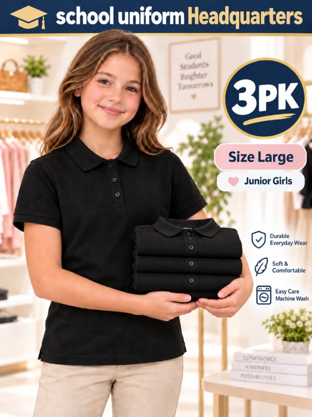 3-Pack Junior Girls Black Polo Shirts Size Large 3-Pack School Uniform